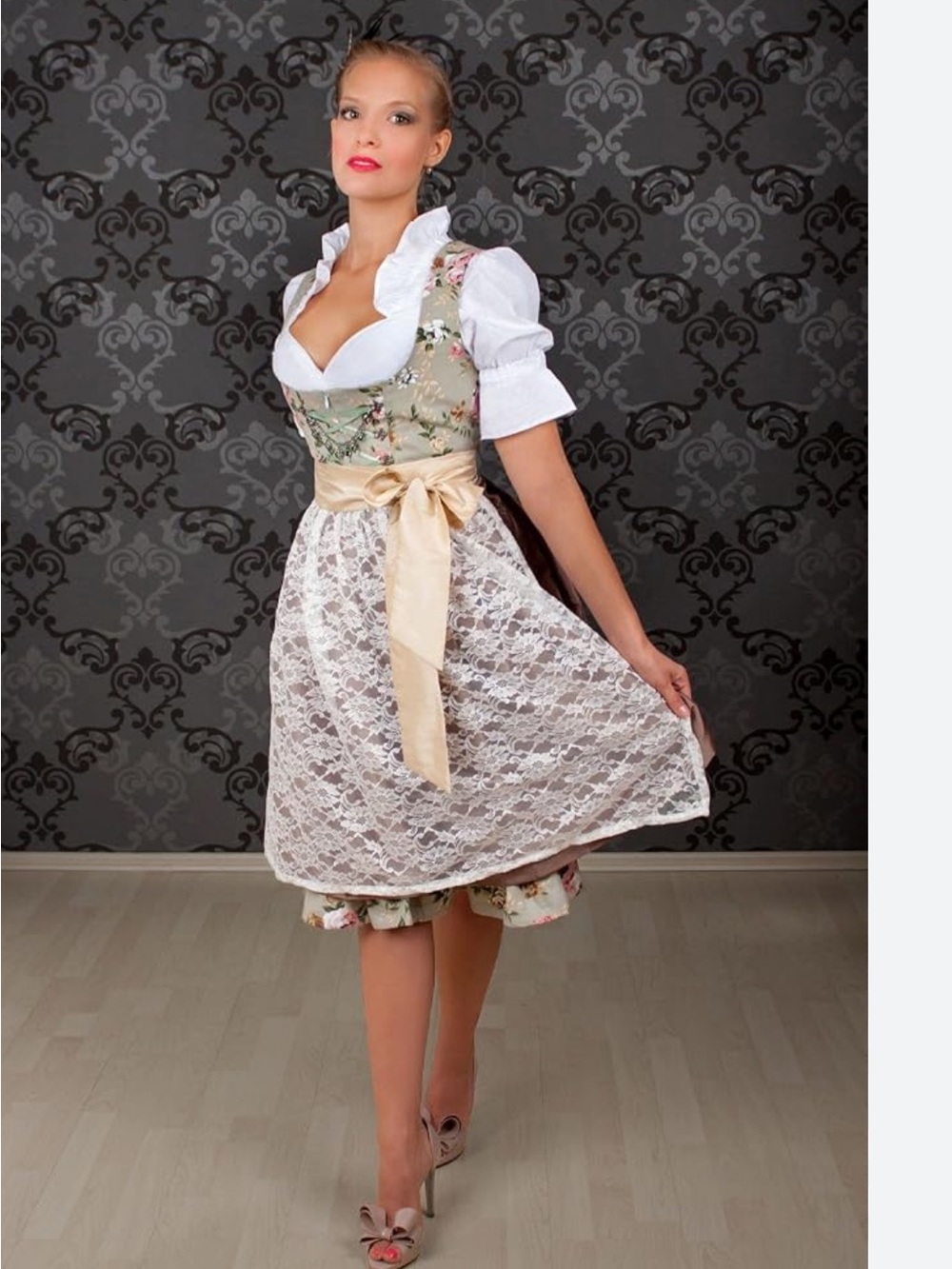 Floral Green Midi Dress with White Lace and Cream Sash